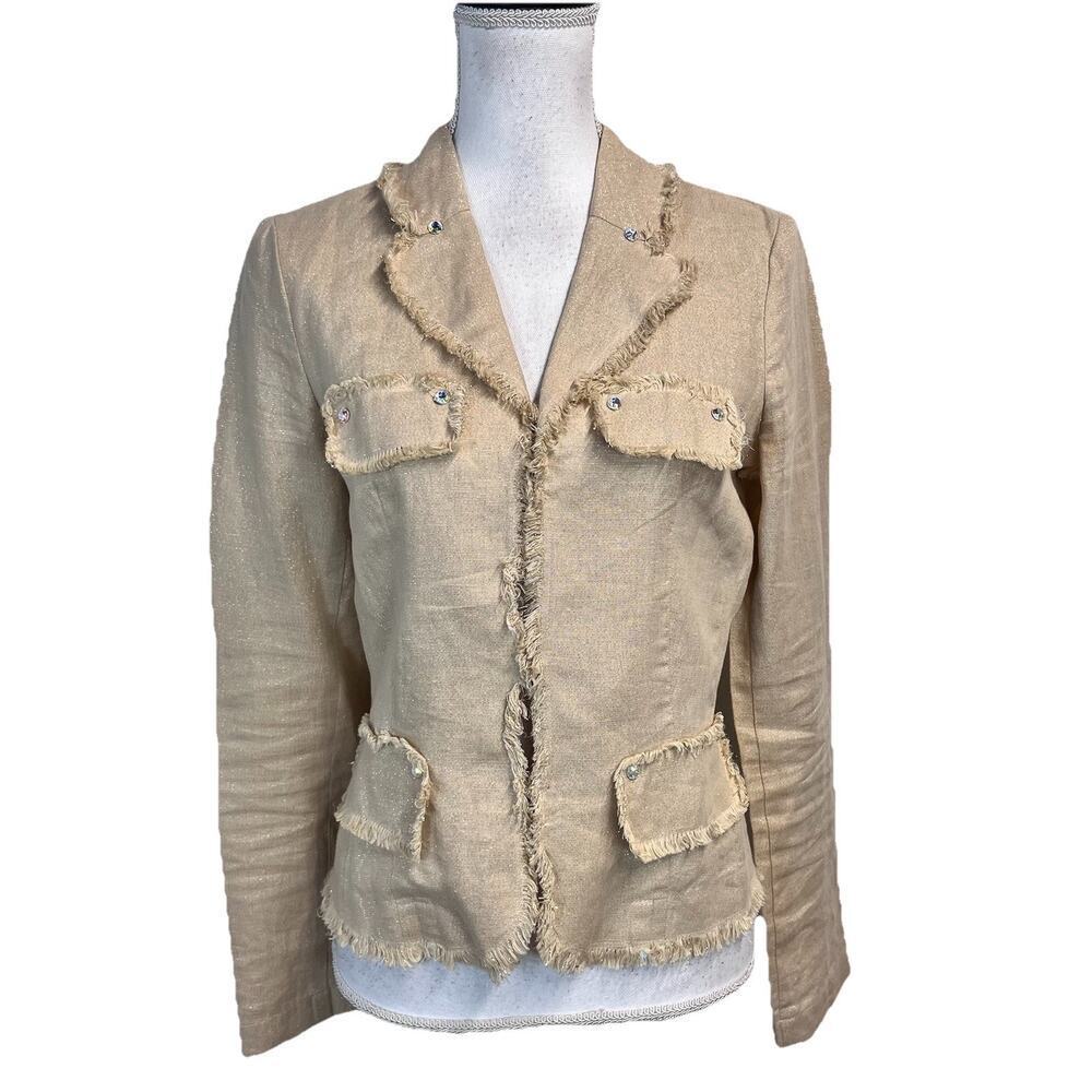 ABS Allen Schwartz Blazer Jacket size Small Gold Sparkle Linen Studs Fringe Boho